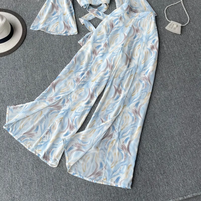 

FTLZZ Summer Women Beach Holiday Chiffon 2 Piece Set Suits V-neck Bandage Slim Top Bell-bottoms Wide Leg Pants Printing Suits