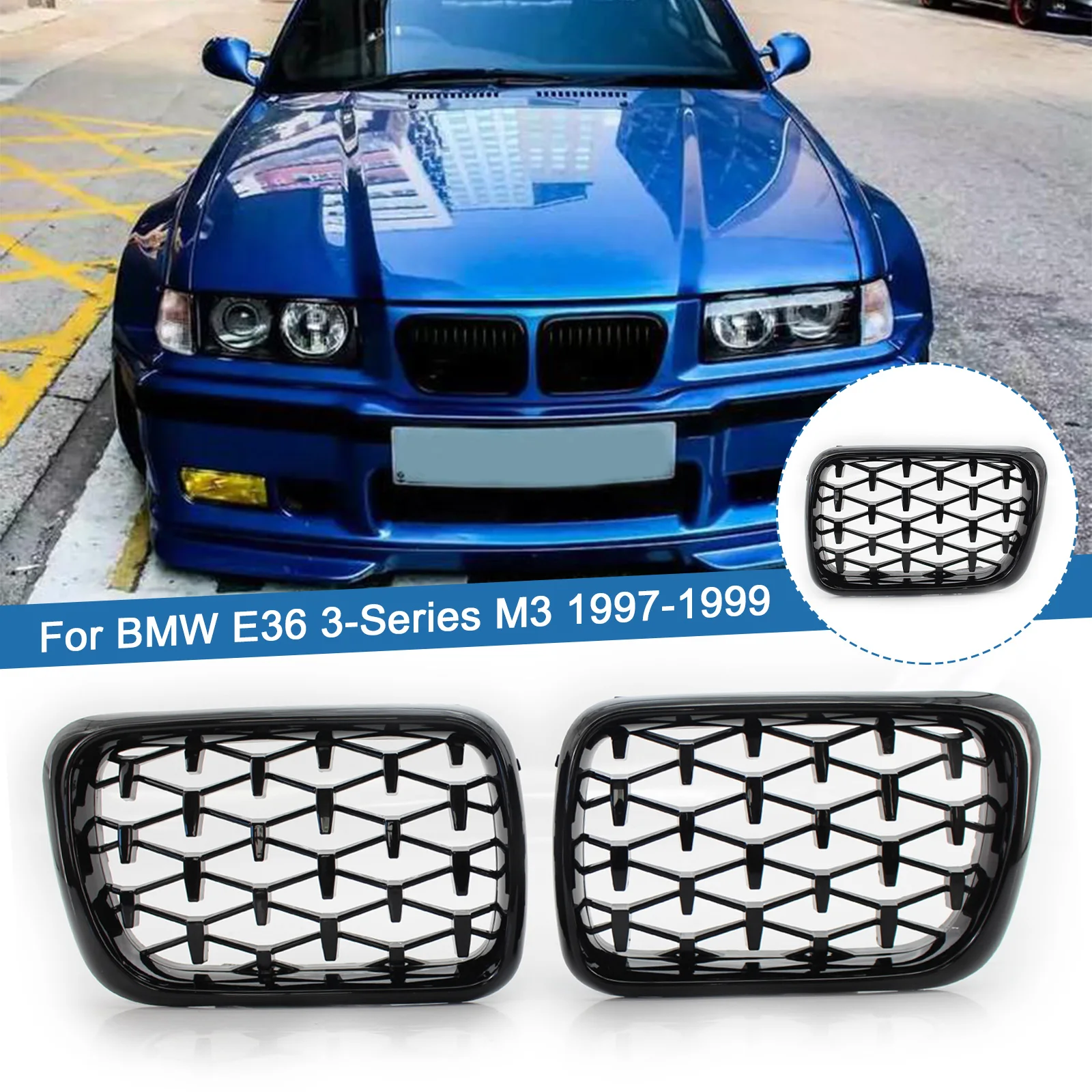 1 Pair Gloss Black Car Front Kidney Bumper Grilles Diamond Style Racing Grills For BMW E36 3 Series 318I 323I 328I M3 1997-1999