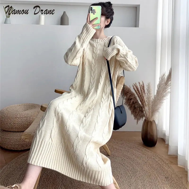 

Namou Drane Knitted Dress Female Autumn and Winter Thickening, Loose and Thin, Long Over-the-knee Retro Twist Sweater Base Skirt