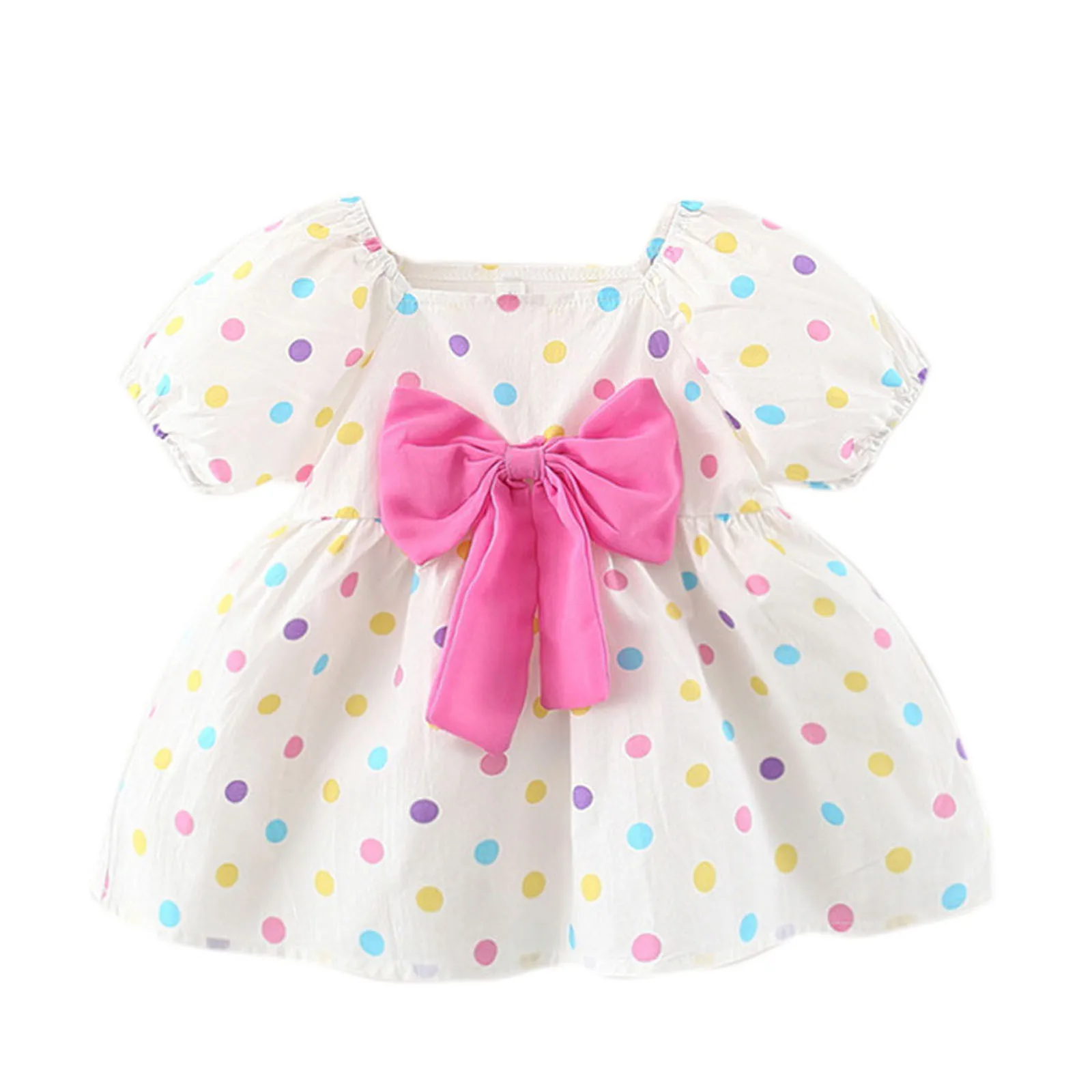 

Toddler Baby Kids Girls Princess Dress Korean Puff Sleeve Summer Dress Short Sleeve Polka Dot Print Bow Party Dresses Vestidos
