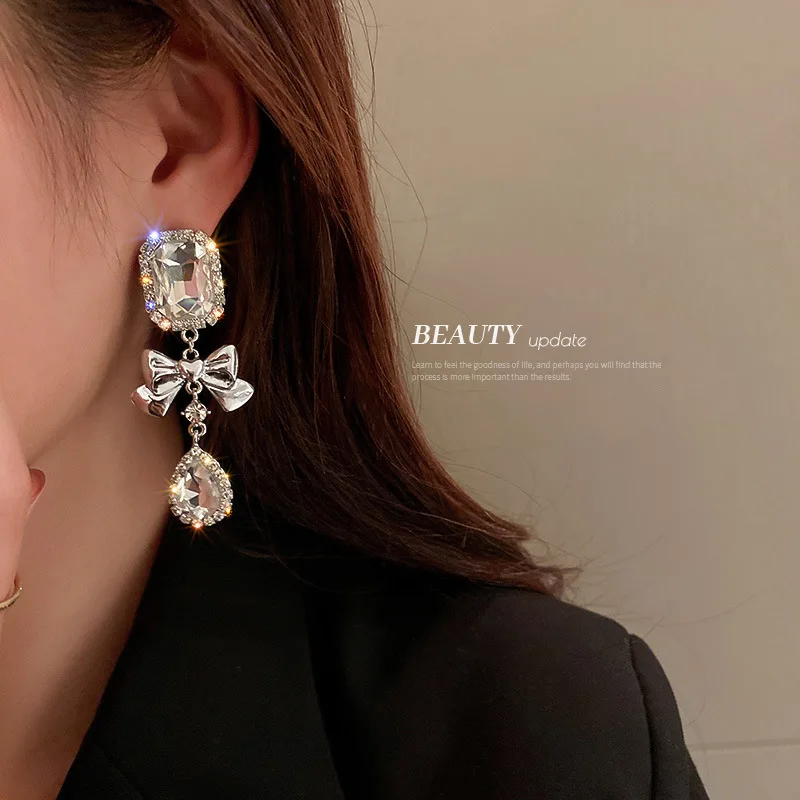 

European and American diamond inlaid geometric bow drop earrings female S925 silver needle fashion exaggerated jewelry