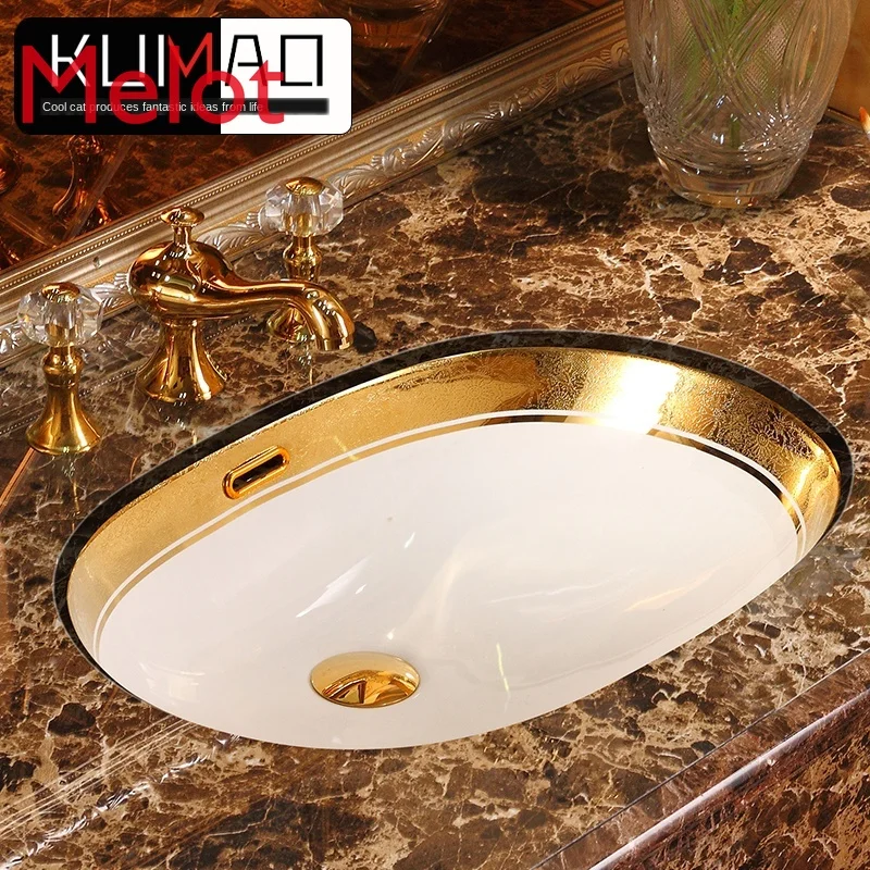 

European Drop-in Sink Oval Embedded Golden Wash Basin Wash Basin Bathroom Washbasin Artistic Ceramic Wash Basin hot sale