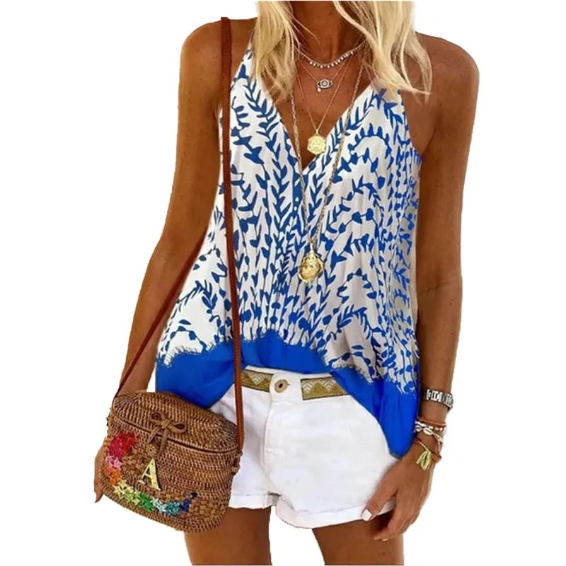 Womens Print Sling Suspenders Blouse Sexy V Neck Sleeveless Loose Pullover Tops Shirt Summer Casual Vest