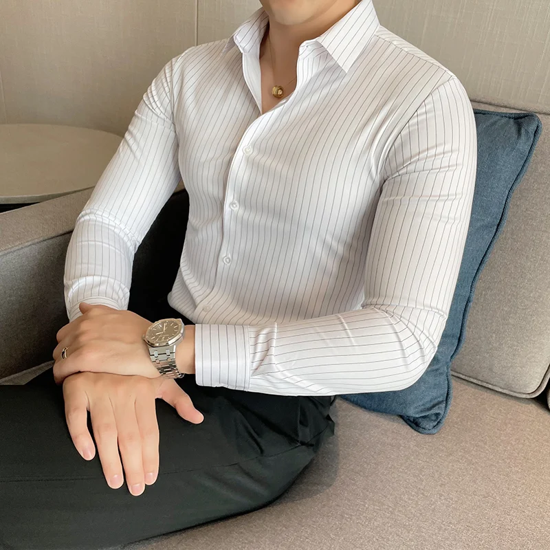 

Мужские рубашки в полоску Gzdeerax, роскошные деловые повседневные мужские рубашки с длинным рукавом, Модные приталенные мужские рубашки для в...