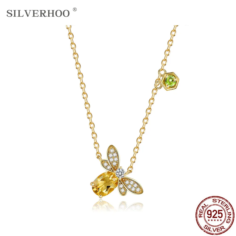 

SILVERHOO Women Necklace 925 Sterling Silver Adorable Bee Pendant Necklaces Gold Colors Chain Hot Sale Fine Jewelry Wedding Gift