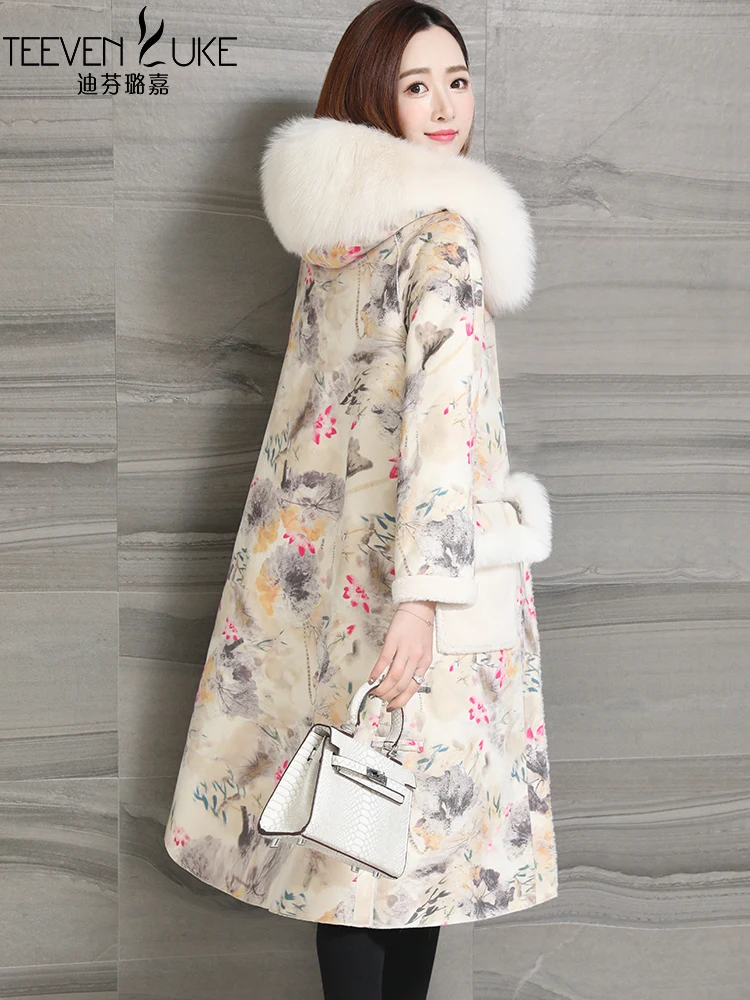 

Sheep Shearling Real Fur Coat Winter Jacket Women Fox Fur Collar 100% Wool Coat Female Double Side Wear Long Jackets MY