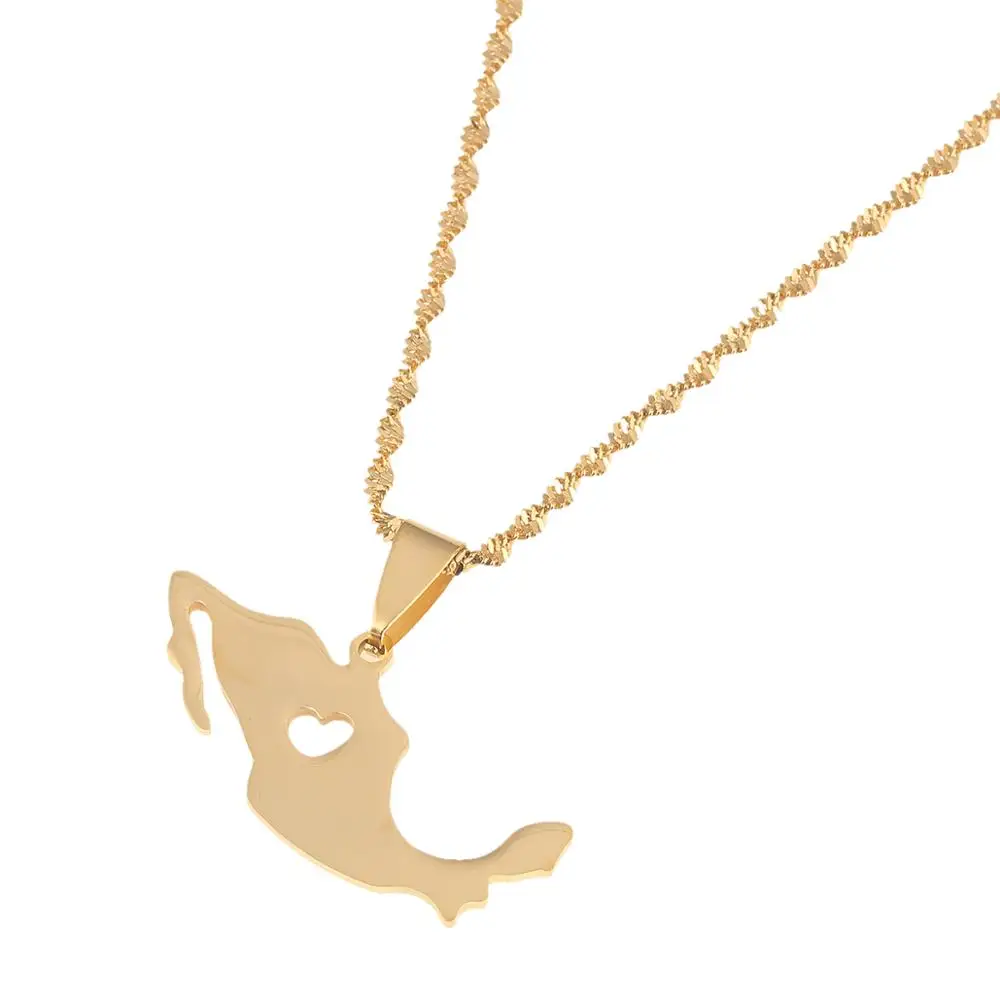 Модное ожерелье из нержавеющей стали с подвеской в виде карты Мексики золотого