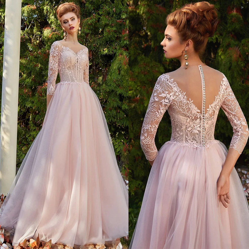 

Vestidos Charming Wedding Dresses Tulle Illusion Appliques Bateau Three Quarter Covered Button Ball Bridal Gowns