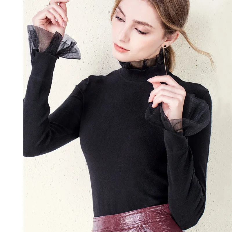 

Autumn and winter new women's wear with long sleeve slim top, mesh stitching half high collar undercoat