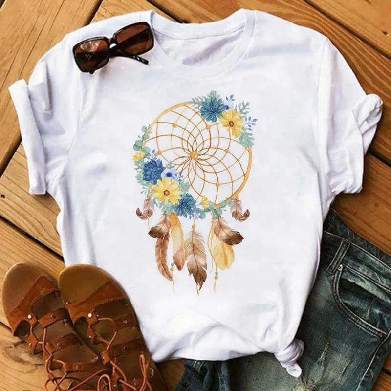 

Women Summer Short Sleeve Dream Catcher Feather Fashion Print Lady T-shirts Top T Shirt Womens Graphic Female Tees Black TShirts