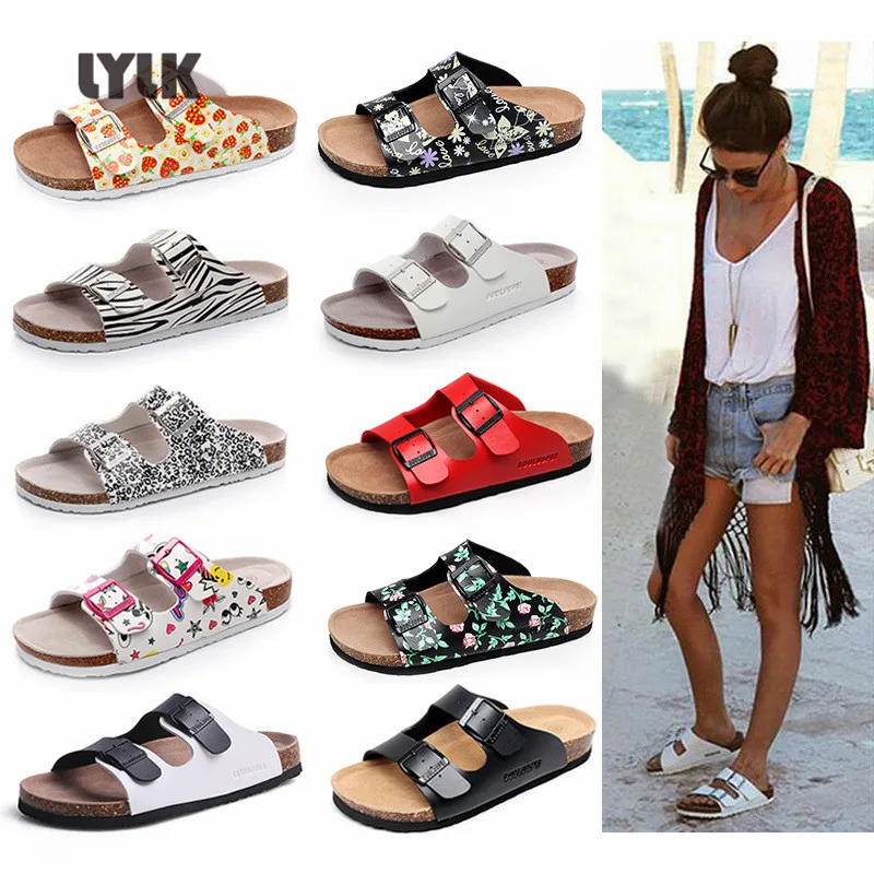 Summer Women/Men Sandals Double Row Button Cork Casual Slippers Couples Fashion  Flat Slides Unisex Beach Big Size Flip Flops