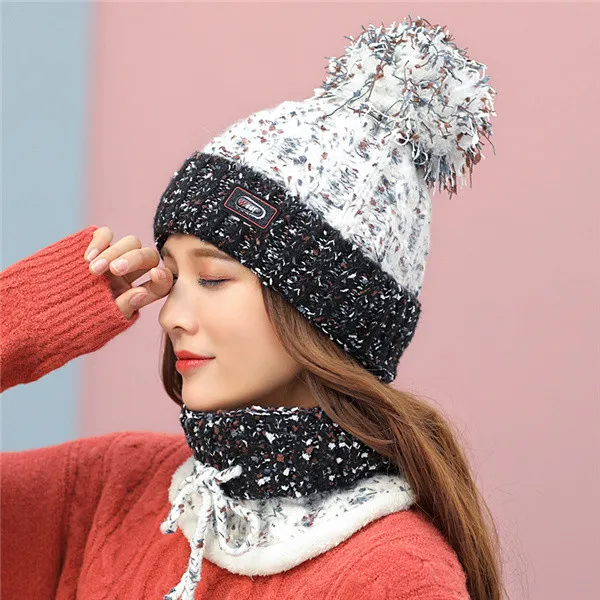 White 1 set Женская зимняя шапка, лыжный бренд, большие Меховые помпоны, вязаные шапки, шарф, шапка, набор, зимняя женская шапка, теплая шапка Skullies, женская шапка - Цвет: White 1 set