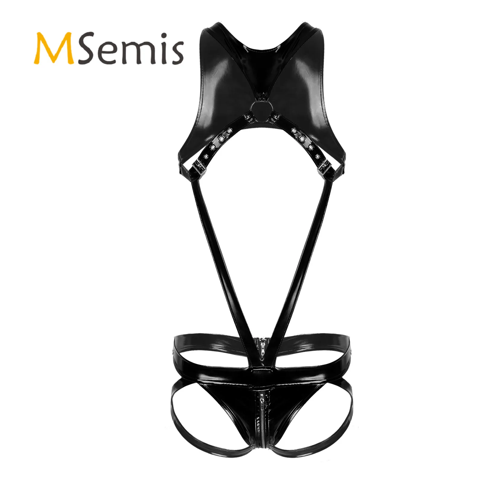 

Черное мужское сексуальное кожаное боди на молнии, трусы с промежностью, нижнее белье, с регулируемой пряжкой, боди на бретелях, клубная оде...