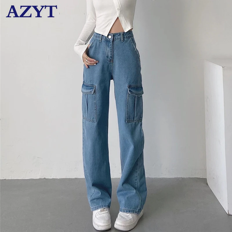 

AZYT 2022 Spring Autumn High Waist Jeans Women Big Pocket Loose Cargo Pants Female Casual Streetwear Women Denim Trousers