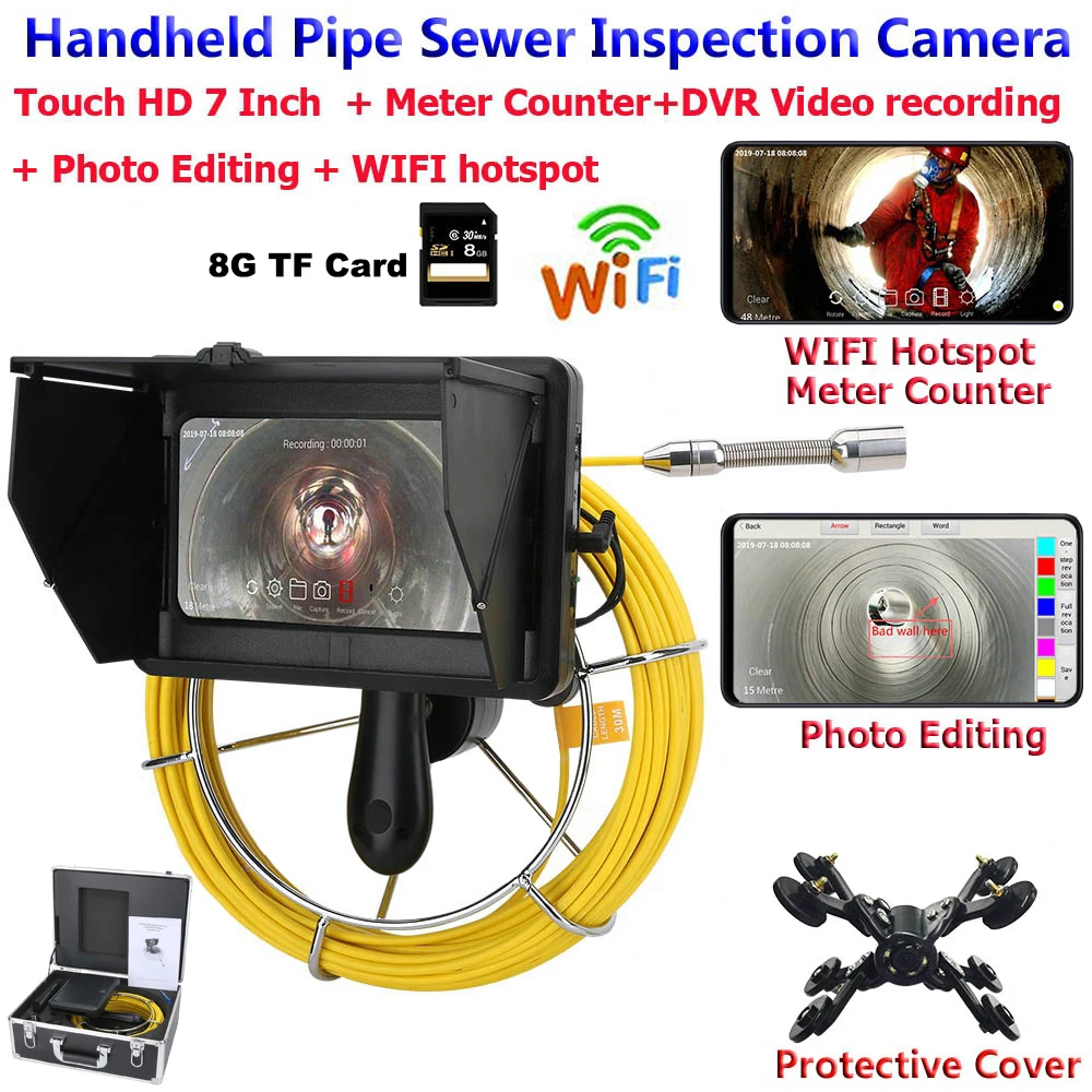 

10 - 50M Sewer Pipe Pipeline Drain Inspection System 7 inch Monitor with Meter Counter / DVR Video recording / WIFI wireless