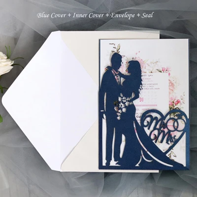 One Set Blue 1 шт Жених и невеста полый лазерный разрез свадебные приглашения открытки поздравительные открытки День Святого Валентина свадебные украшения вечерние принадлежности - Цвет: One Set Blue