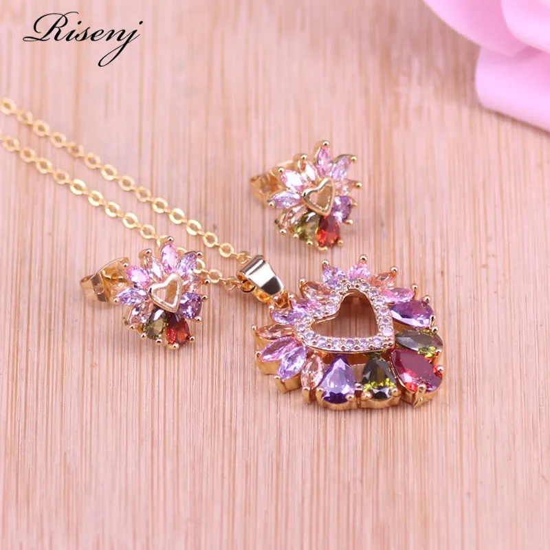 

Risenj Many Styles Heart Square Colorful Zircon 18K Gold Jewelry Set For Women Stud Earrings Necklace Bridal Jewelry