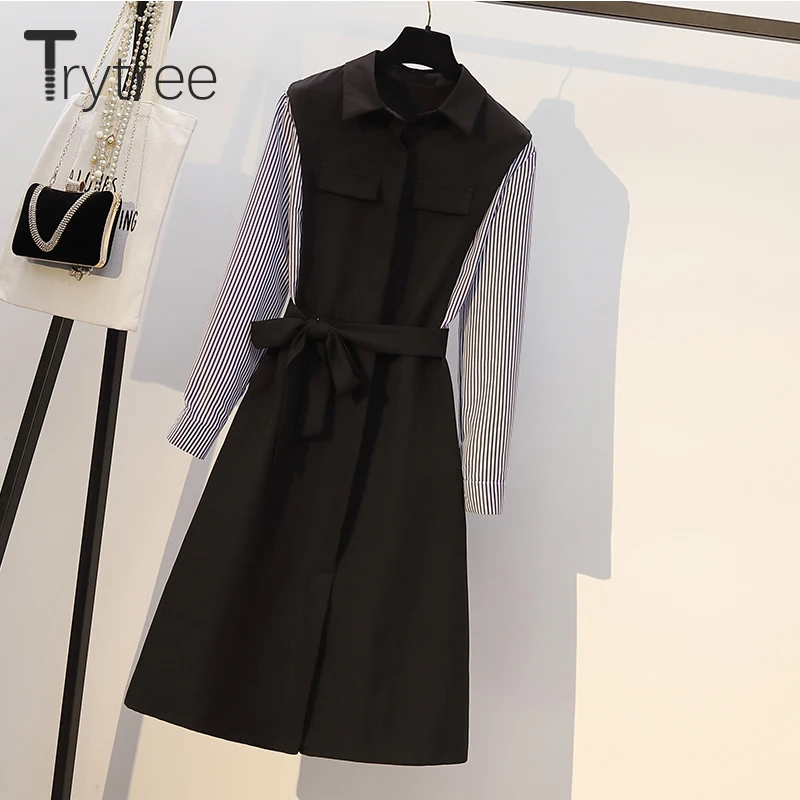 Осенне зимнее женское платье в полоску с отложным воротником и поясом|Женские