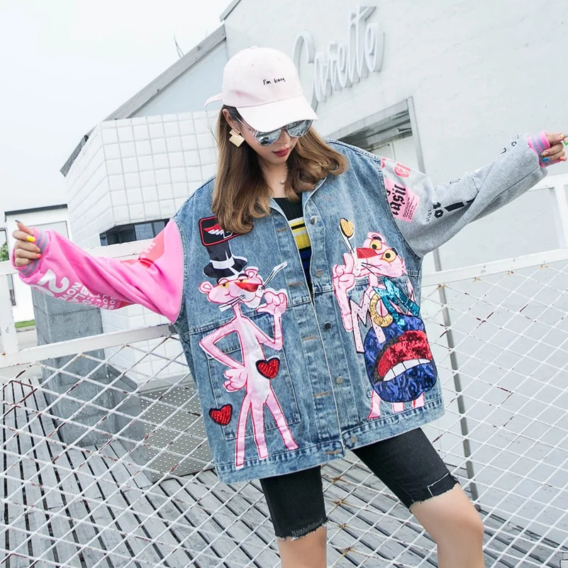 Женская джинсовая куртка с блестками свободная из денима мультяшным принтом 2021 |