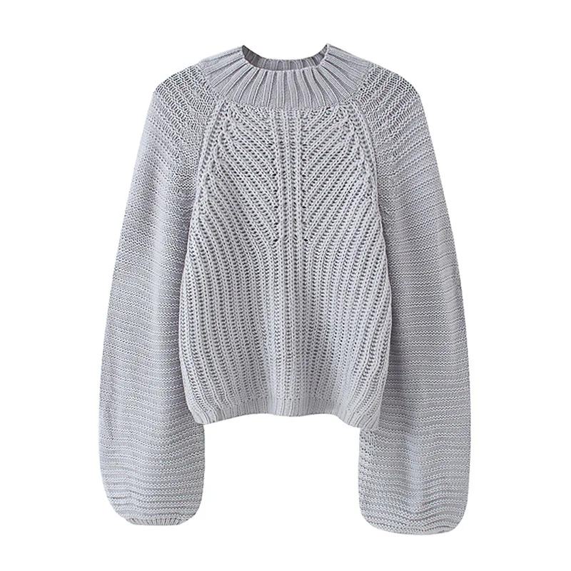 

Women Solid Stripe Knitted Sweaters Loose Stylish Lady Pullover Sweater Fashion Lantern Long Sleeve Gray Sweater