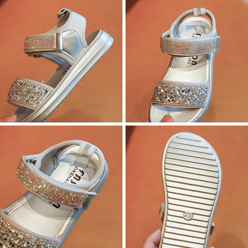 

Girls' Sandal 2021 Summer New Children's Casual Soft Soles Shoes Children Velcro Rhinestone Sequins Breathable Princess Sandals