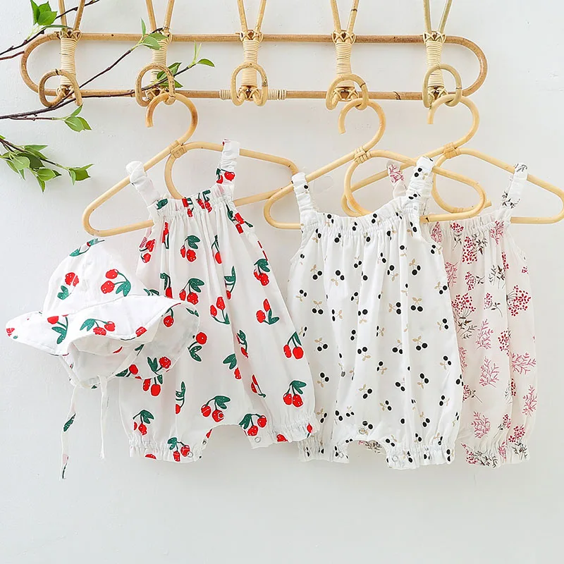 

Toddler Baby Girl Sleeveless Cotton Printing Romper+Hat Infant Baby Girls Jumpsuit Korean Style Summer Baby Girls Clothes