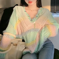 2021 new autumn rainbow knitted sweater women vintage loose patchwork pullover sweater casual korean fashion kawaii knitwear top