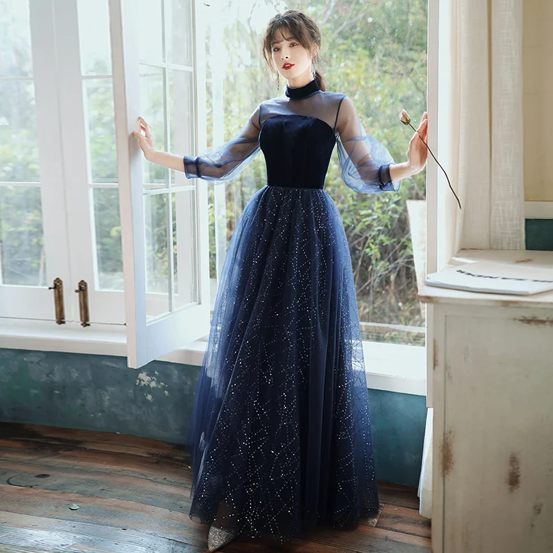 

High-End Dress Women 2021 Spring New Fashion Stand-Collar Gauze Full Sleeve Fairy Dress High Waist Slimming Elegant Maxi Dress