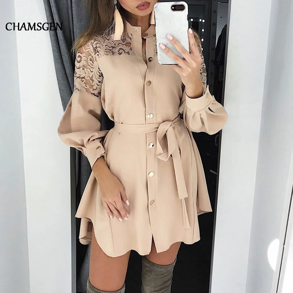 Женское кружевное платье-рубашка CHAMSGEND облегающее с длинным рукавом и