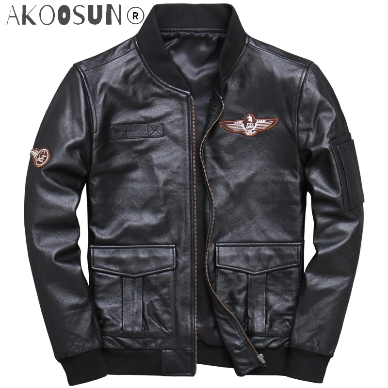 

Genuine Leather Men's Jacket Top Layer Cowhide Pilot Round Neck Leather Jacket Slim Fit Large Size S-5XL