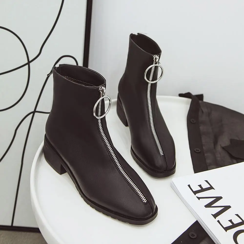 Женские ботинки на молнии спереди однотонные из искусственной кожи с квадратным