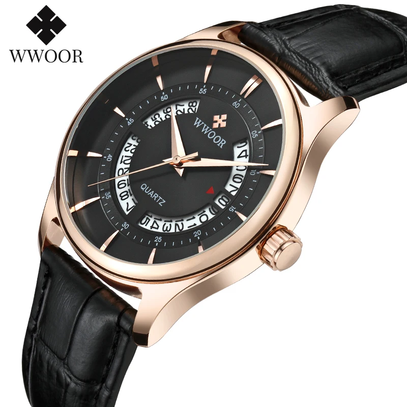 

WWOOR Luxury Brand Business Quartz Mens Watches Hollow Calendar Waterproof Men Wristwatch Gold Black Clock Men Relogio Masculino