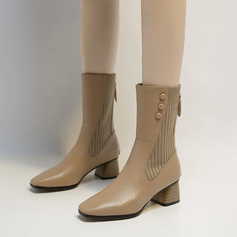 

Mid-calf Boots for Women Zipper SquareToe Autumn Winter Fashion Casual Shoes Ladies Square Heel Boots Sexy High Heels