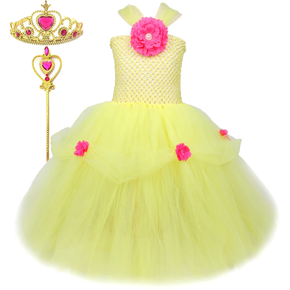 

Yellow Belle Princess Dresses for Girls Kids Long Tutu Dress Up Costumes for Halloween Birthday Outfit Flower Girl Ball Gown