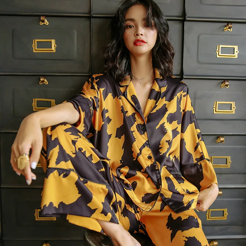 

French vintage yellow pajamas for women high quality silk home clothes suit set female autumn long sleeve sleepwear nightwear