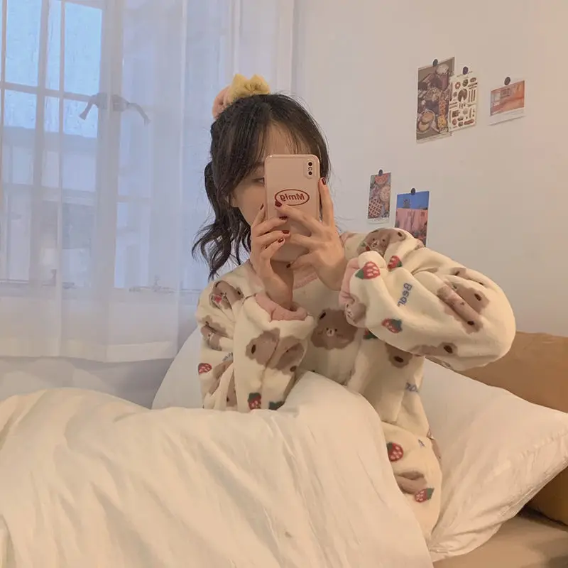 QWEEK Pajama Set Women Autumn Winter Coral Fleece Pijamas Korean Strawberry Bear Print Home Wear Girls Home Clothes Pour Female