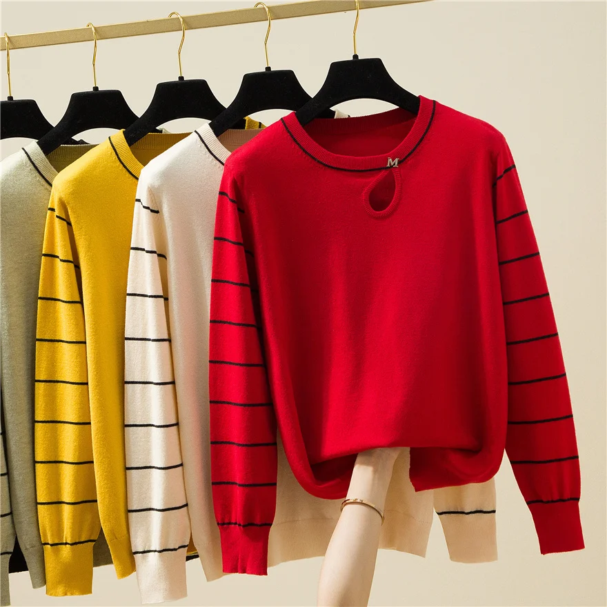 

Striped Sweater Women's Loose Casual Stitching Round Neck Long Sleeve Top 2021 Autumn And Winter New Knitwear kintting pullover