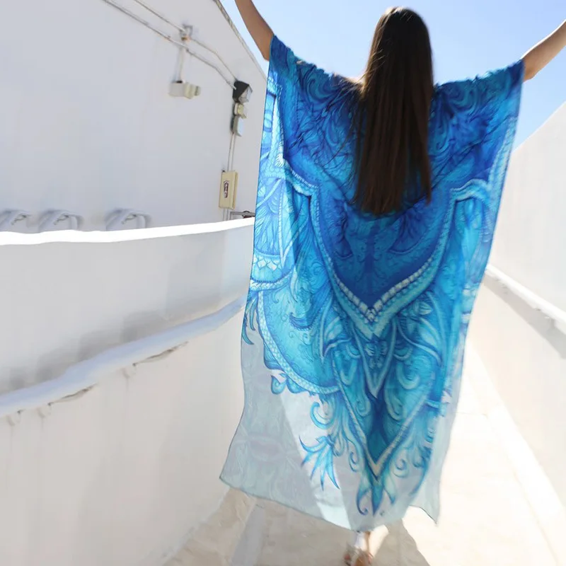 2021 Fashion Positioning Print Flower Swimwear Sky Blue Rayon Oversized Sunscreen Bikini Cover Up Vacation Ladies Long Dress
