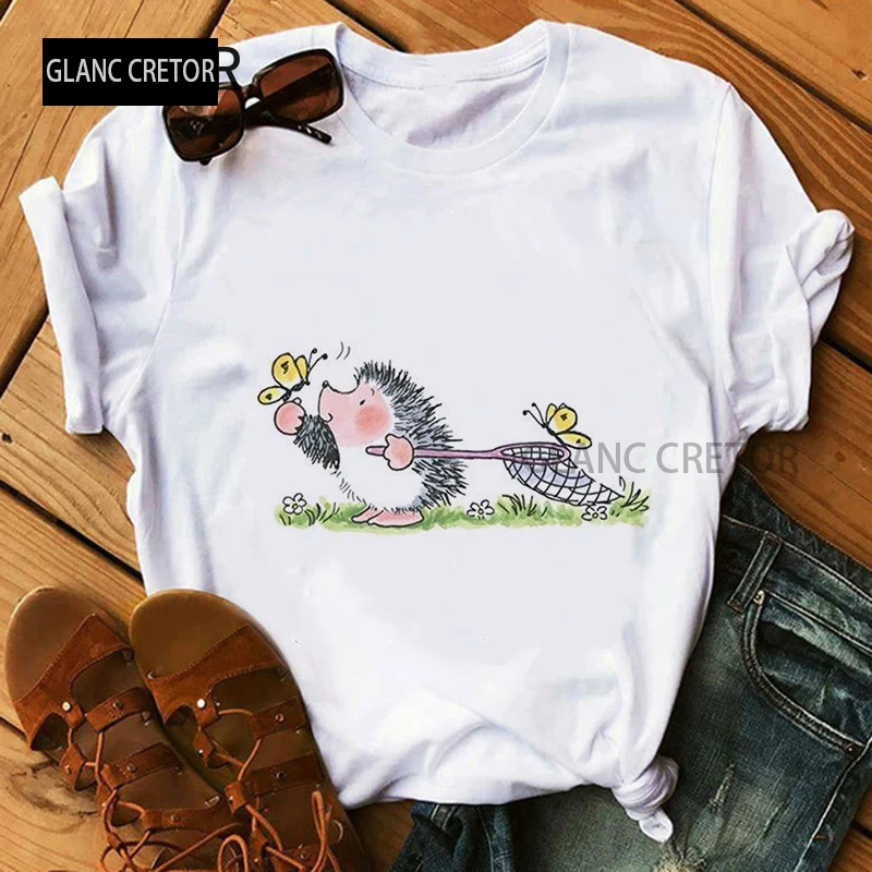 

Harajuku Aesthetic Ullzang Female T Shirt Little Hedgehog Cute Graphic T-shirt Women Print Summer Fashion Short Sleeve Tee