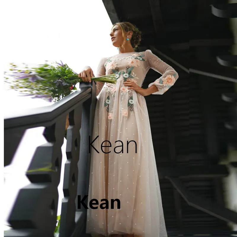 

Peach Evening Dress Simple Backless Pearls Tulle Puff Sleeve Evening Gown Floor Length vestido de fiesta Long Prom Dress