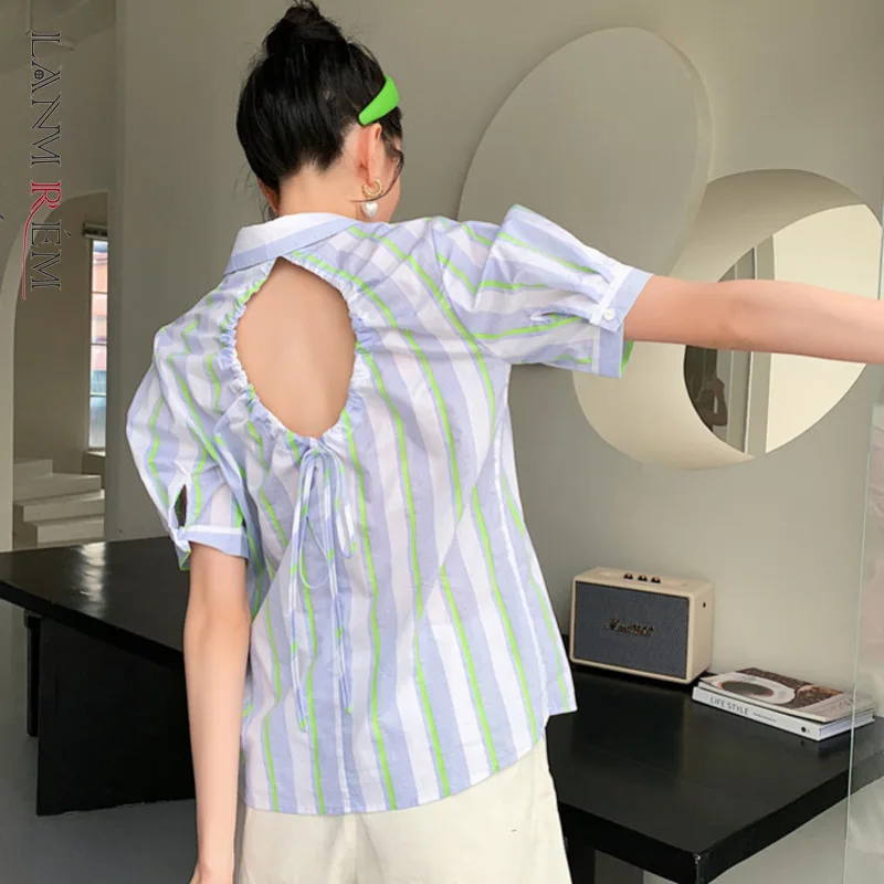 

LANMREM 2021 Summer Women Loose Casual Shirts Polo Collar Backless Short Sleeve Female Tops Korean Style Fashion New Tide 2P363