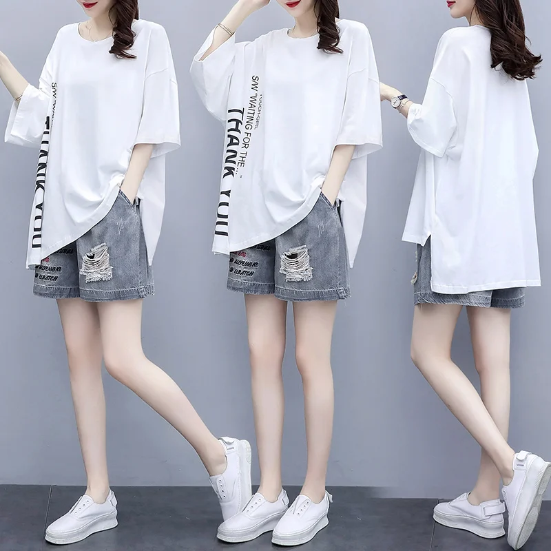 

Big European Code Cowboy Wide-Legged Short Pants Loose Blouse Top Leisure Suit Female Summer New Fashion Leisure Two-Piece Set