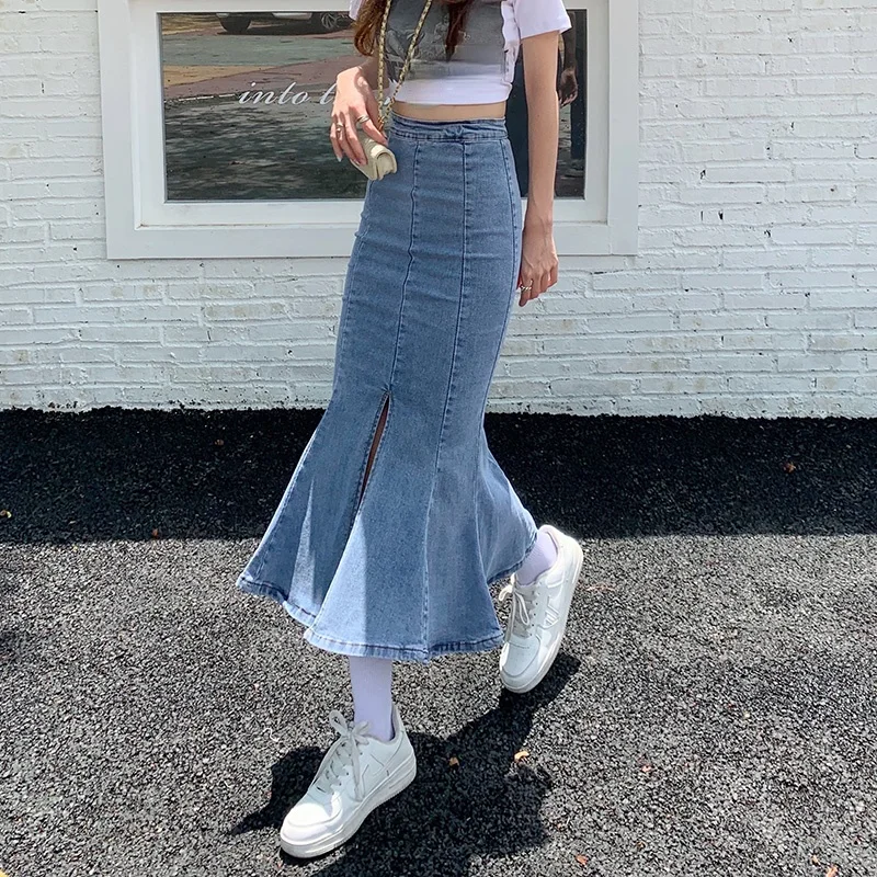 

Women Hip Skirt Lady Streetwear Long Skirt Summer Blue Jean Y2k Skirts Casual Zipper Denim Trumpet Fashion Bottoms Slim Mermaid