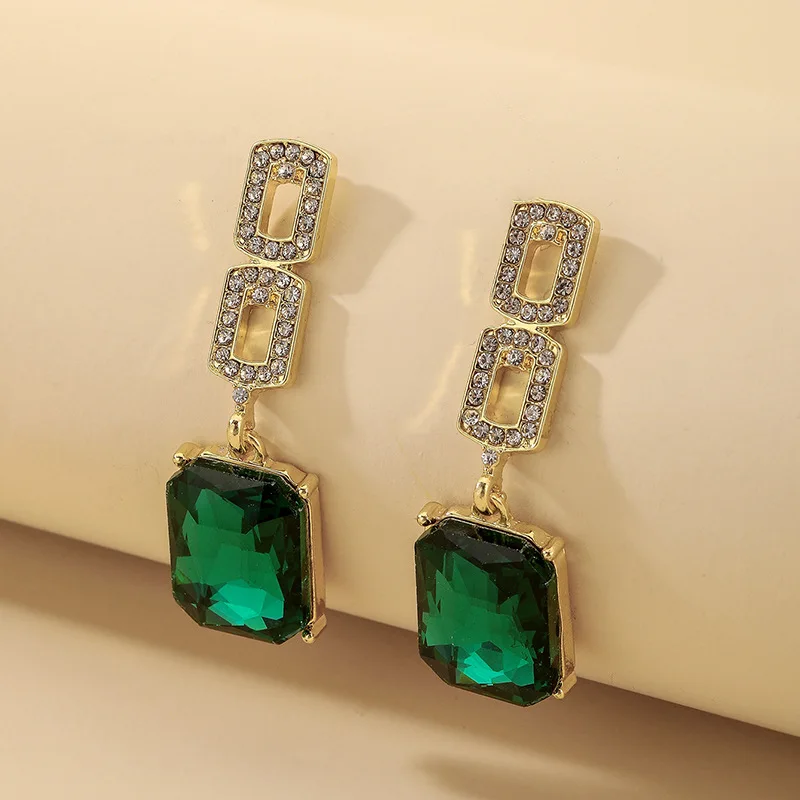 

Fashion Retro Deep Green Geometric Rhinestone Earrings for Women Jewelry