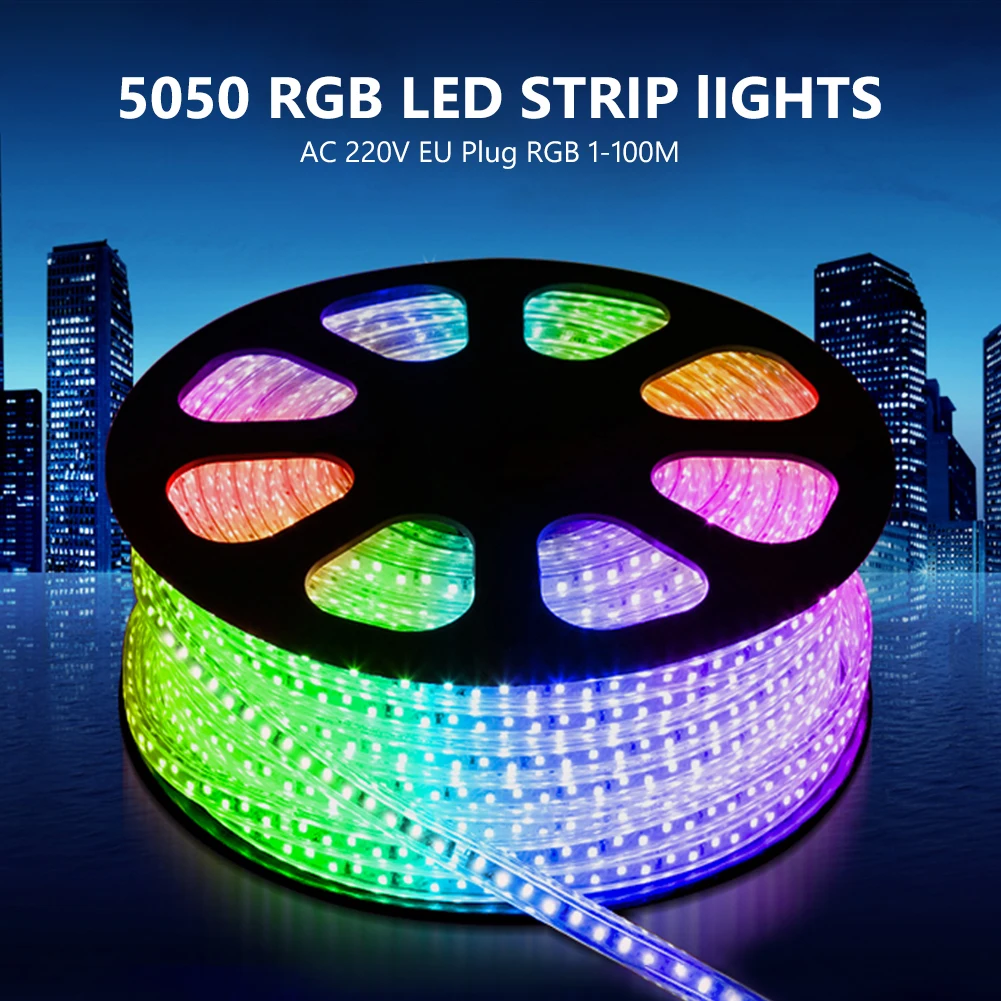 Новый SMD 5050 RGB светодиодный светильник 220 В блок питания EU адаптер 1 м/5 м/10 м/50 м/100 м