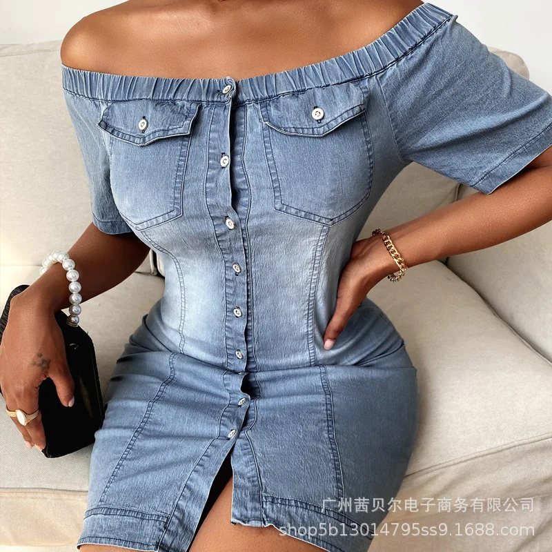 2021 Summer New Fashion Tight Neck Denim Short Sleeve dress for women