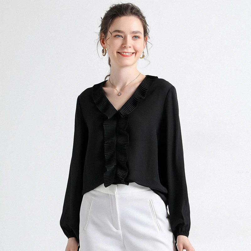 

Schinteon Women 100% Real Silk Blouse V-Neck Collar Lantern Sleeve Office Lady Shirt Solid Color