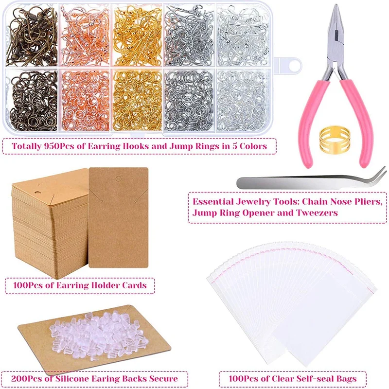 

Earring Making Supplies, Earring Making Kit with Earring Hooks, Jump Rings, Pliers, Earring Backs, Earrings Holder Cards and Cle
