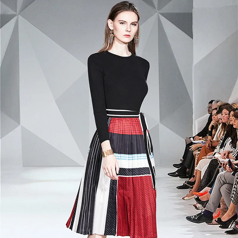 2020 Autumn 2 Piece Suits Women Lace-up Bow Black Knitted Sweater Top+ Elastic Waist Long Pleated Colour Geometry Skirt Suit | Женская