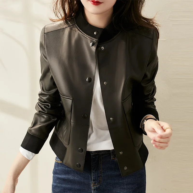 Slim Fit New Female Genuine Leather Jacket Short Slim Real Sheepskin Leather Coats  jaqueta de couro WYQ793 4.9
